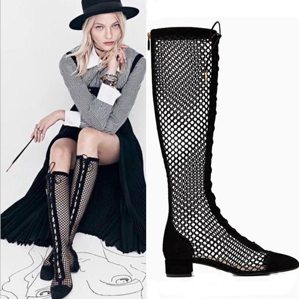 hollowed-out mid-heel boots for women, new mesh boots with black mesh gladiator straps,gift giving