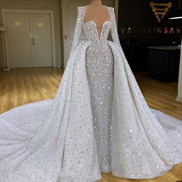 2020 luxury sweetheart plus size mermaid wedding dresses with detachable train sequin crystal beaded appliqued long sleeve bridal gowns, White
2020 luxury sweetheart plus size mermaid wedding dresses with detachable train sequin crystal beaded appliqued long sleeve bridal gowns, White
