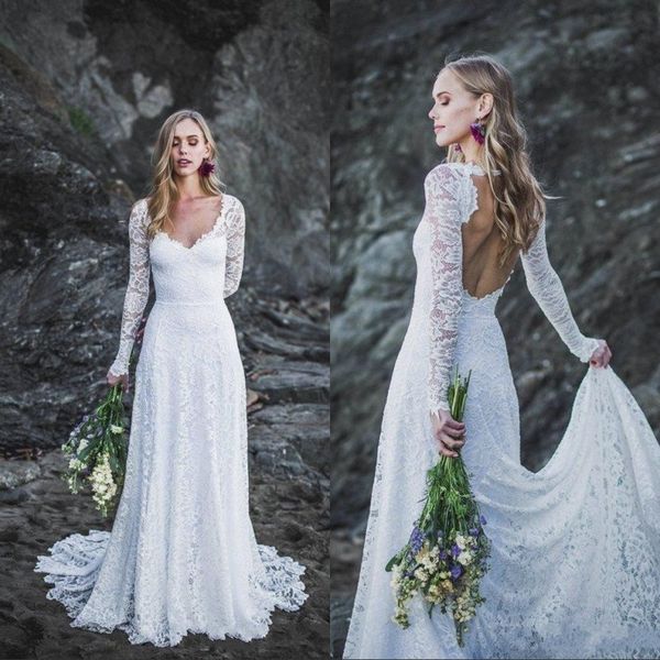 lace long sleeves beach wedding dresses v neck open back a line formal gowns for bride, White
lace long sleeves beach wedding dresses v neck open back a line formal gowns for bride, White