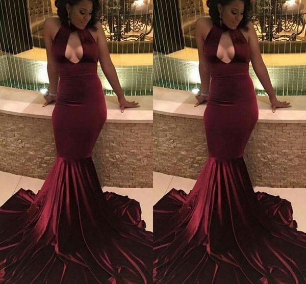 burgundy velvet celebrity evening dresses long halter mermaid sleeveless sweep train 2020 prom party gowns with keyhole, Black;red
burgundy velvet celebrity evening dresses long halter mermaid sleeveless sweep train 2020 prom party gowns with keyhole, Black;red