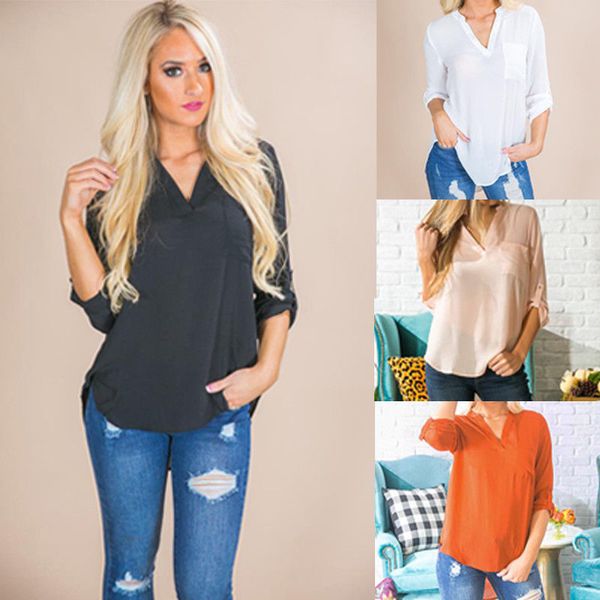 2019 new casual women's long sleeve chiffon blouse loose solid v-neck shirt summer fashion female clothes, White
2019 new casual women's long sleeve chiffon blouse loose solid v-neck shirt summer fashion female clothes, White