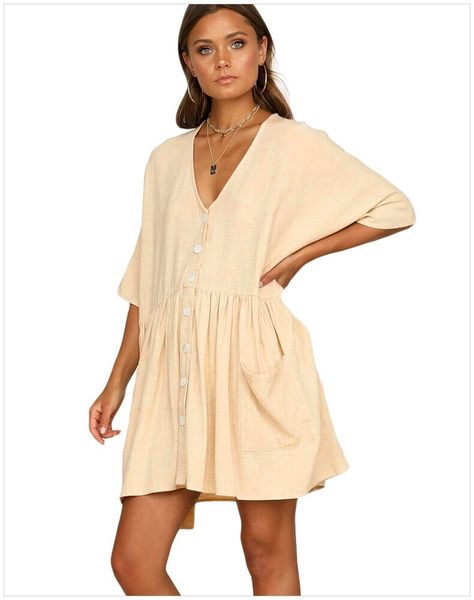 new solid color v-neck above knee dress summer short-sleeved button decoration loose large size mini dress, Black;gray
new solid color v-neck above knee dress summer short-sleeved button decoration loose large size mini dress, Black;gray