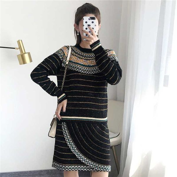 two piece dress 2 pieces set slim fit women suit contrast color striped knitted sweater skirt sets autumn winter, White
two piece dress 2 pieces set slim fit women suit contrast color striped knitted sweater skirt sets autumn winter, White
