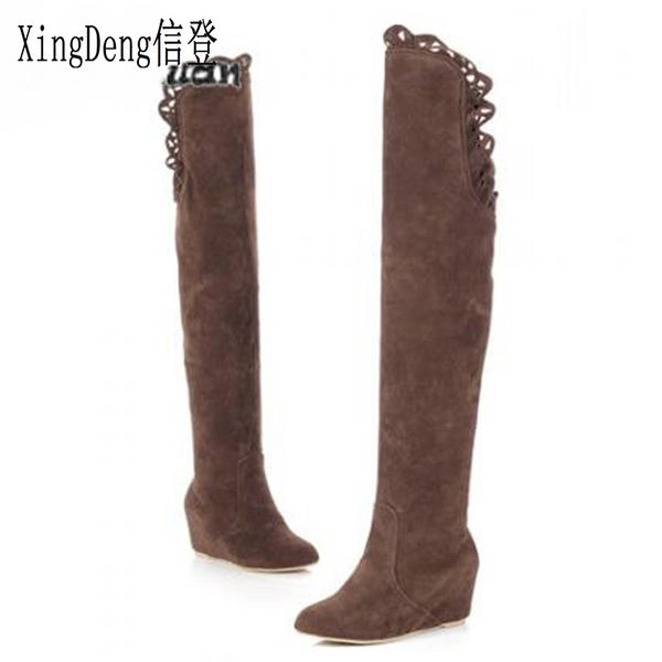 

xingdeng women sweet lace over knee boots wedge long boots height increasing knight motorcycle plus size 34-43, Black