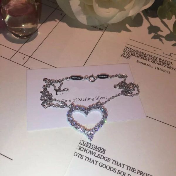 wholesale-classic designer s925 sterling silver full crystal heart hollow pendant necklace with short chain for women jewelry