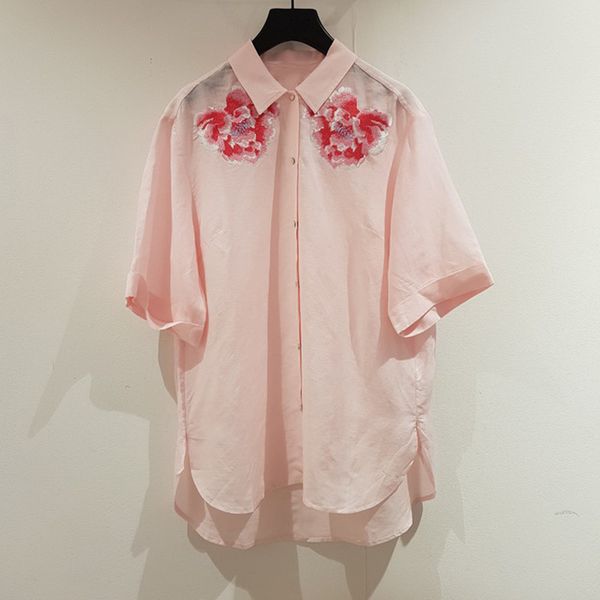 2020 new women short sleeve pink blouse summer flower embroidered single breasted gentle turn-down collar shirts, White
2020 new women short sleeve pink blouse summer flower embroidered single breasted gentle turn-down collar shirts, White