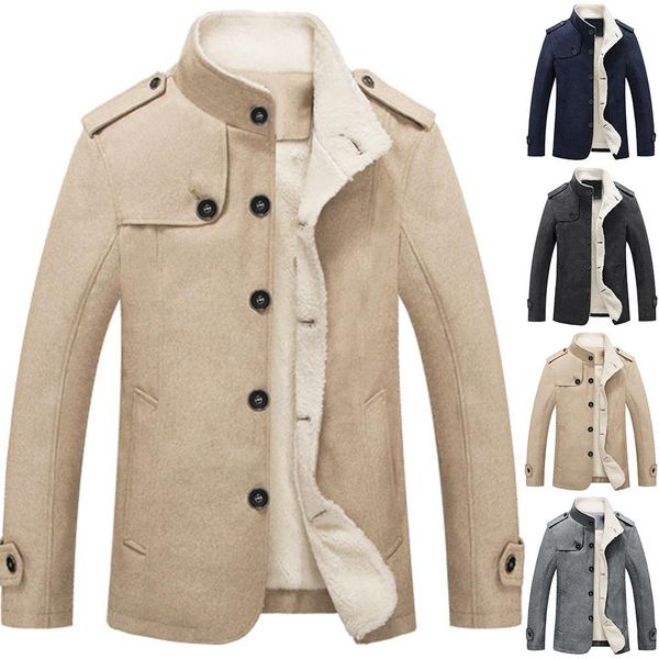 men long sleeve woolen stand collar jacket british business casual solid color single-breasted winter plus velvet warm jacket, Black;brown
men long sleeve woolen stand collar jacket british business casual solid color single-breasted winter plus velvet warm jacket, Black;brown