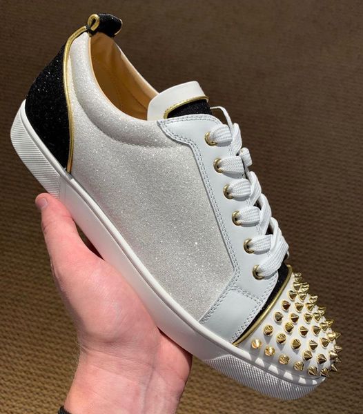 white glitter pacthwork leather gold spikes red bottom sneakers shoes for women,men studs round toe red sole casual walking original box, Black
white glitter pacthwork leather gold spikes red bottom sneakers shoes for women,men studs round toe red sole casual walking original box, Black