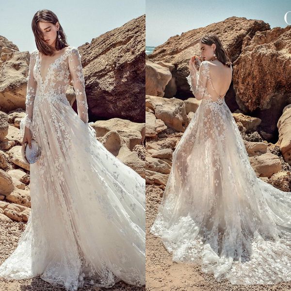 2020 western country beach wedding dresses a line lace appliqued deep v neck boho wedding dress sweep train long sleeve vestidos de novia, White
2020 western country beach wedding dresses a line lace appliqued deep v neck boho wedding dress sweep train long sleeve vestidos de novia, White