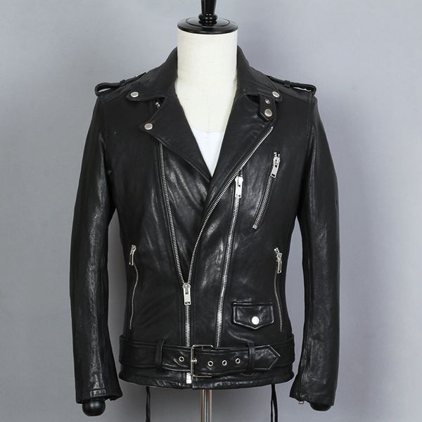 men's fashion motorcycle jacket sheepskin lapel double-layer diagonal zipper belt genuine leather coat men, Black
men's fashion motorcycle jacket sheepskin lapel double-layer diagonal zipper belt genuine leather coat men, Black