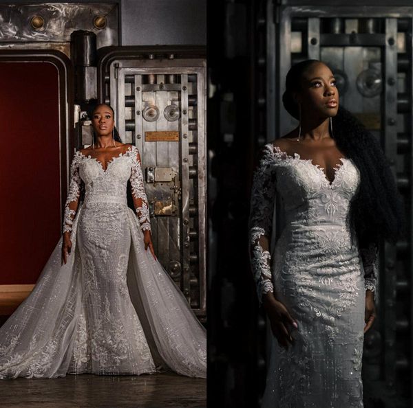plus size mermaid wedding dresses with detachable train 2020 full lace applique illusion long sleeve wedding gown vestidos, White
plus size mermaid wedding dresses with detachable train 2020 full lace applique illusion long sleeve wedding gown vestidos, White