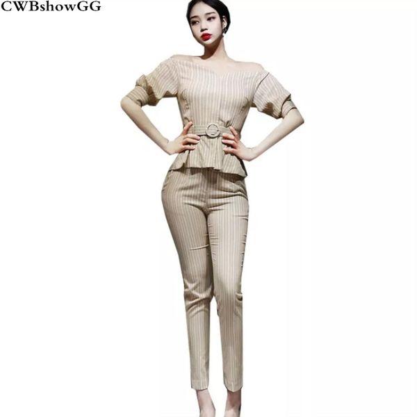 cwbshowgg summer new korean version of the two-piece slim slash neck half sleeve elegant shirt striped pants two-piece set, White
cwbshowgg summer new korean version of the two-piece slim slash neck half sleeve elegant shirt striped pants two-piece set, White