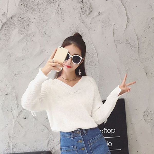 women knitted sweater autumn winter white v-neck long sleeve lace up hollow out pullover sleeves split sweater jumper 2019, White;black
women knitted sweater autumn winter white v-neck long sleeve lace up hollow out pullover sleeves split sweater jumper 2019, White;black