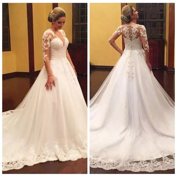 2019 vintage v-neck lace appliques a-line wedding dresses modest custom long chapel train bridal gowns women vestidos de marriage plus size, White
2019 vintage v-neck lace appliques a-line wedding dresses modest custom long chapel train bridal gowns women vestidos de marriage plus size, White