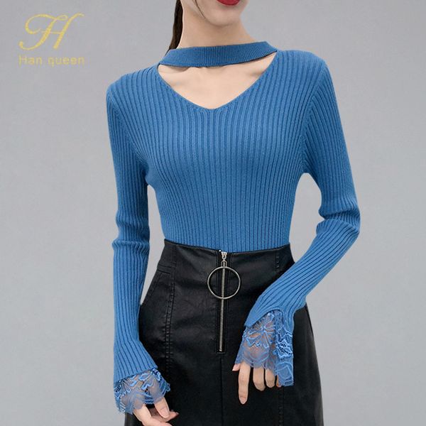 h han queen sweaters women autumn winter long sleeve casual solid lace streetwear knitted korean bottoming pullover, White;black
h han queen sweaters women autumn winter long sleeve casual solid lace streetwear knitted korean bottoming pullover, White;black