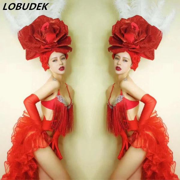 bar club female stage wear red flower headgear crystal tassel bikini tail dance outfit dj singer team performance costume, Black;red
bar club female stage wear red flower headgear crystal tassel bikini tail dance outfit dj singer team performance costume, Black;red