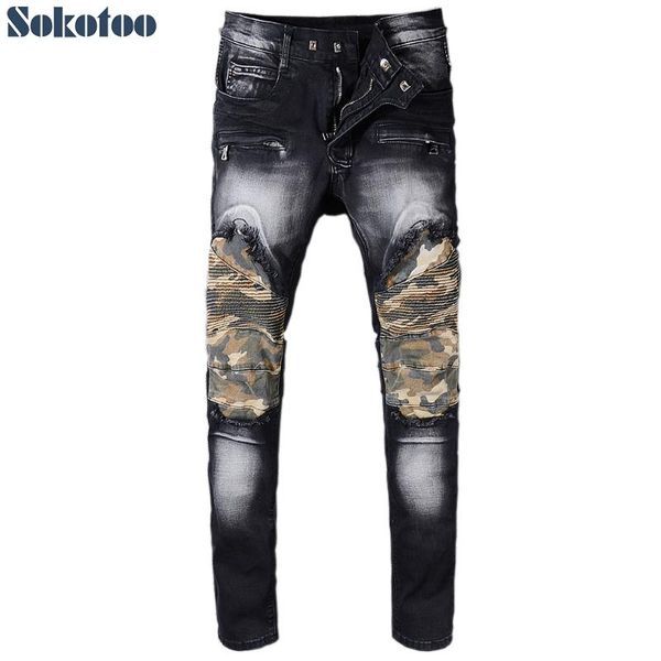 men's jeans sokotoo camouflage patchwork biker for moto black stretch cotton denim pants, Blue
men's jeans sokotoo camouflage patchwork biker for moto black stretch cotton denim pants, Blue