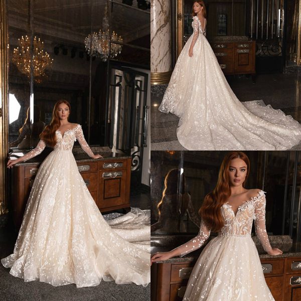 2020 elegant champagne wedding dresses sheer jewel neck lace appliques long sleeve wedding dress bohemian a line vestidos de novia, White
2020 elegant champagne wedding dresses sheer jewel neck lace appliques long sleeve wedding dress bohemian a line vestidos de novia, White