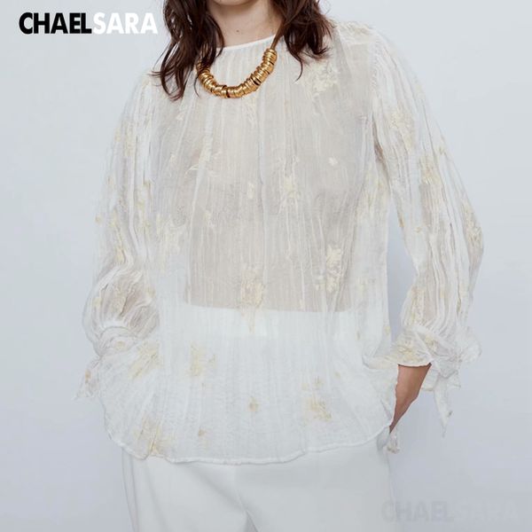 women's blouses & shirts 2021 elegant embroidery chiffon women o-neck long sleeve bow lady summer loose and, White
women's blouses & shirts 2021 elegant embroidery chiffon women o-neck long sleeve bow lady summer loose and, White
