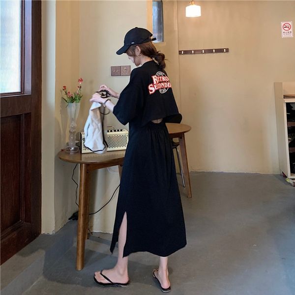 manya 2020 loose exposed back hong kong style hollow letter printing split long t-shirt female, White 
manya 2020 loose exposed back hong kong style hollow letter printing split long t-shirt female, White