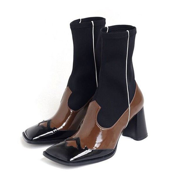 mixed color square toe women ankle boots elastic sock boots chunky high heel shoes woman slip-on short booties slim fit botas, Black
mixed color square toe women ankle boots elastic sock boots chunky high heel shoes woman slip-on short booties slim fit botas, Black