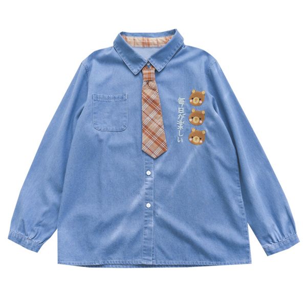 women denim blouse and cartoon bear embroidery tie blouses long sleeve turndown collar shirt korean style harakuju blusas, White
women denim blouse and cartoon bear embroidery tie blouses long sleeve turndown collar shirt korean style harakuju blusas, White