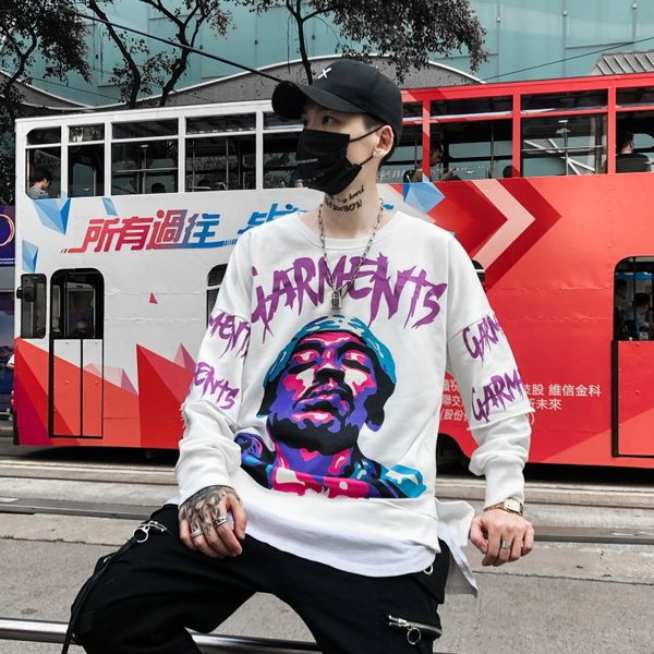 men's wear 2019 autumn long sleeve high street hip hop figure loose printing hair circle sweater, Black
men's wear 2019 autumn long sleeve high street hip hop figure loose printing hair circle sweater, Black