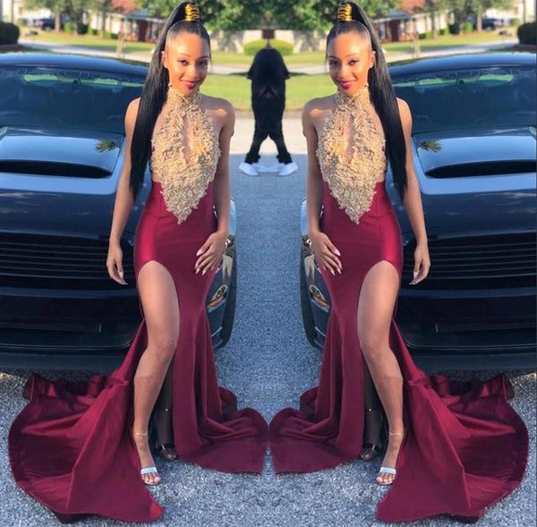 2019 Black Girls Halter Satin Mermaid Long Prom Dresses Gold Lace Applique Split Sweep Train Party Evening Gowns
2019 Black Girls Halter Satin Mermaid Long Prom Dresses Gold Lace Applique Split Sweep Train Party Evening Gowns