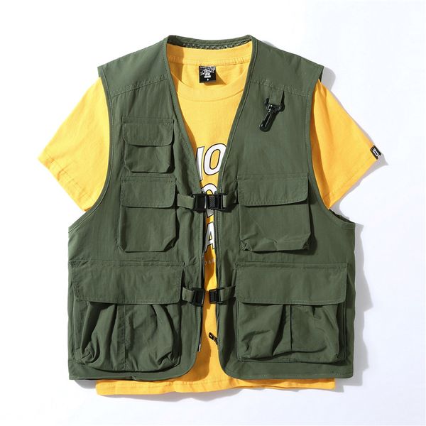 2020 men's canvas tooling multi-pockets vest fashion casual thin vest, Black;white