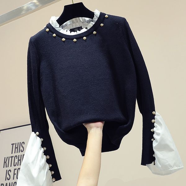pearl bead stitching ruffles pullover sweater women's autumn 2019 new loose fashion black knitted sweater short sweatshirt femme, White;black
pearl bead stitching ruffles pullover sweater women's autumn 2019 new loose fashion black knitted sweater short sweatshirt femme, White;black