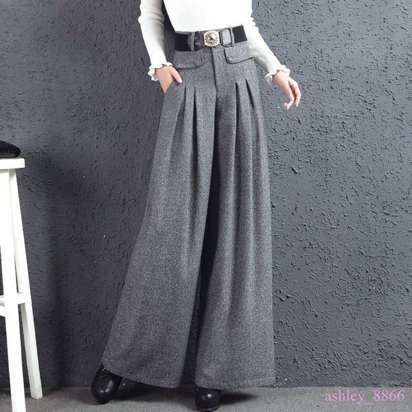 womens autumn winter wool blend wide leg pants pleated slacks straight-leg pants, Blue