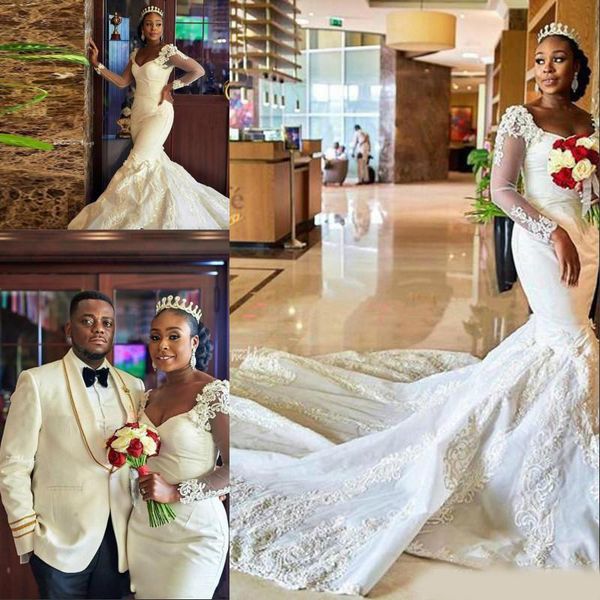 african wedding dresses mermaid sweetheart lace applique bridal gowns with long sleeve sweep train wedding gowns, White
african wedding dresses mermaid sweetheart lace applique bridal gowns with long sleeve sweep train wedding gowns, White