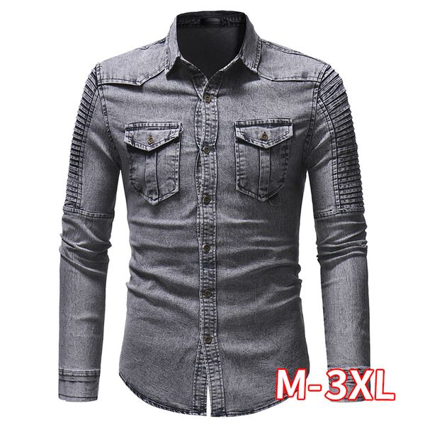 2020 men's spring and autumn washed pleated pocket single-breasted denim shirt / european and american slim long sleeve, White;black
2020 men's spring and autumn washed pleated pocket single-breasted denim shirt / european and american slim long sleeve, White;black