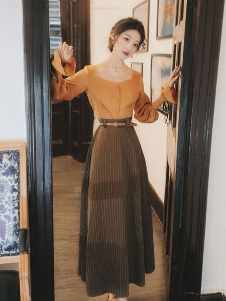 2020 shirt skirt set spring long sleeve blouse and striped skirt sashes long dresses vintage women two piece outfits, White
2020 shirt skirt set spring long sleeve blouse and striped skirt sashes long dresses vintage women two piece outfits, White