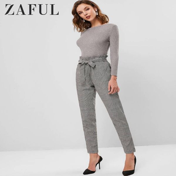 

zaful women plaid high rise pocket paperbag pants lady grey belted pencil pants spring casual office lady workwear trousers, Black;white