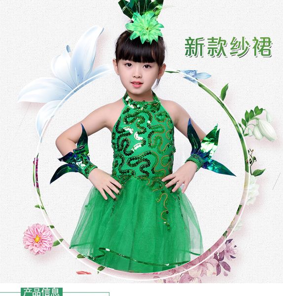 

children's grass performance costume spring dawn green dance dress lotus pond moonlight jasmine open pompon skirt style, Black;red