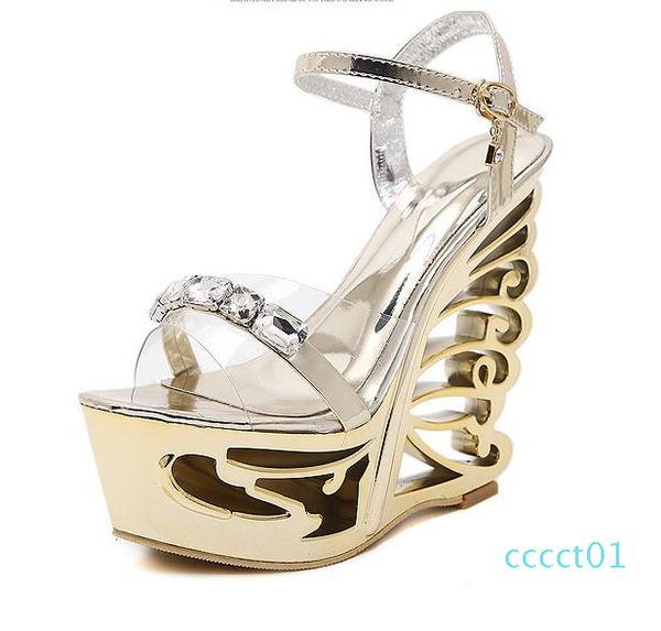 size 34 to 41 trendy designer high heels sandals black gold hollow out strange heel platform wedge shoes 15cm
size 34 to 41 trendy designer high heels sandals black gold hollow out strange heel platform wedge shoes 15cm