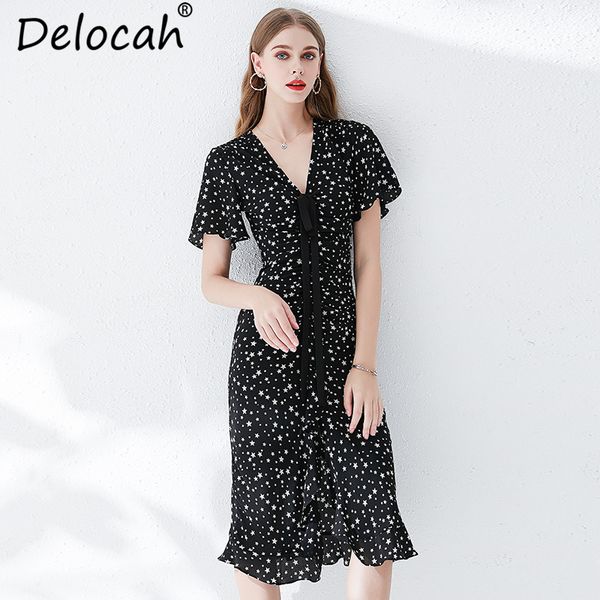delocah new 2019 women spring summer dress runway fashion designer v-neck bow tie star printed elegant slim dresses, Black;gray
delocah new 2019 women spring summer dress runway fashion designer v-neck bow tie star printed elegant slim dresses, Black;gray