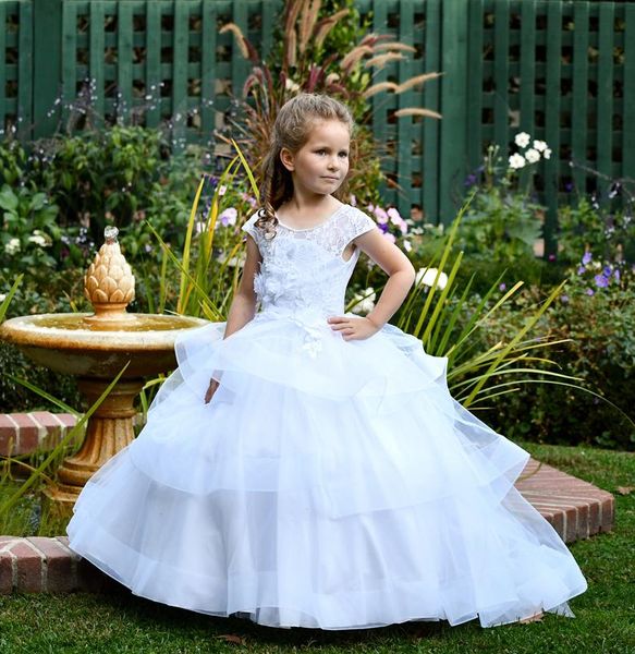 white beaded ball gown flower girl dresses for wedding tiered pageant gowns tulle floor length 3d appliqued first communion dress, White;blue 
white beaded ball gown flower girl dresses for wedding tiered pageant gowns tulle floor length 3d appliqued first communion dress, White;blue
