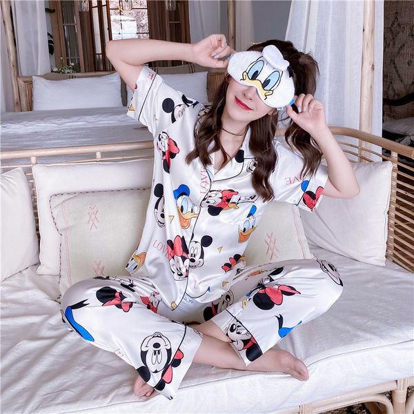 2 pcs women's pajamas set cartoon printed faux silk nightwear short sleeves long pants spring summer sleepwear homewear, Black;red
2 pcs women's pajamas set cartoon printed faux silk nightwear short sleeves long pants spring summer sleepwear homewear, Black;red
