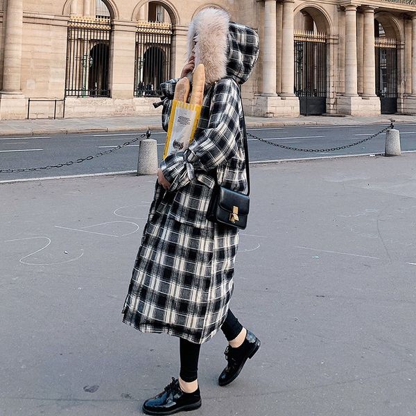 p shoot chic literature and art black and white lattices long cotton coat hooded model large fur collar drawstring waist hug, Blue;black
p shoot chic literature and art black and white lattices long cotton coat hooded model large fur collar drawstring waist hug, Blue;black
