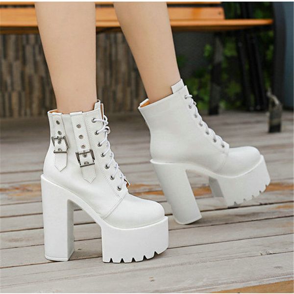 2020 lace up cross-tie motorcycle boots buckle strap high heel boots women ankle platform women, Black