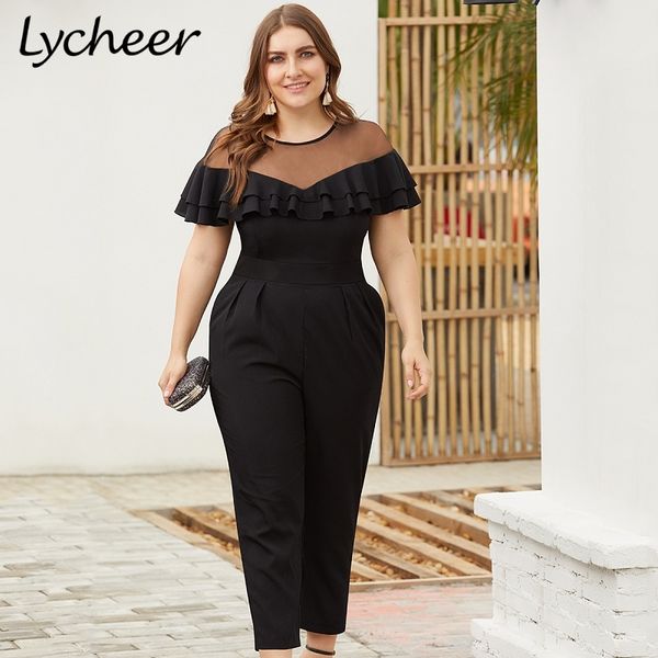 lycheer plus size mesh neck women long jumpsuit elegant ruffled solid balck jumpsuit romper short sleeve casual overalls 2020, Black;white
lycheer plus size mesh neck women long jumpsuit elegant ruffled solid balck jumpsuit romper short sleeve casual overalls 2020, Black;white