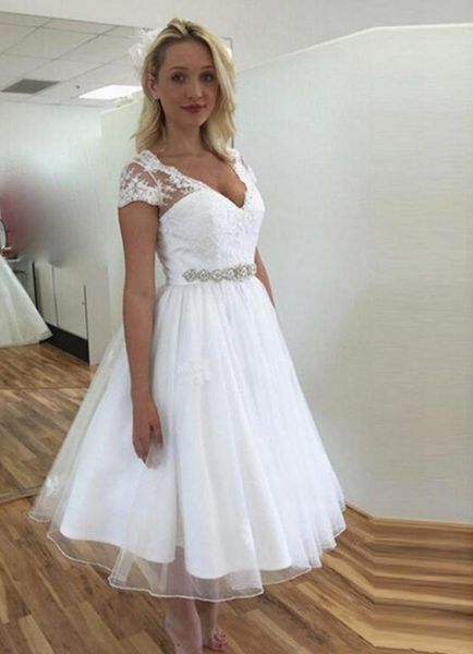 short lace wedding dresses with short sleeve v neck beaded belt a line tea length beach bridal gowns, White
short lace wedding dresses with short sleeve v neck beaded belt a line tea length beach bridal gowns, White