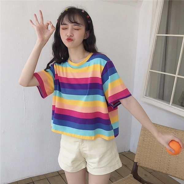 rainbow striped short t-shirt underpants -sleeved t-shirt women's loose ins elegant style versatile mschf high waist short navel top, White
rainbow striped short t-shirt underpants -sleeved t-shirt women's loose ins elegant style versatile mschf high waist short navel top, White