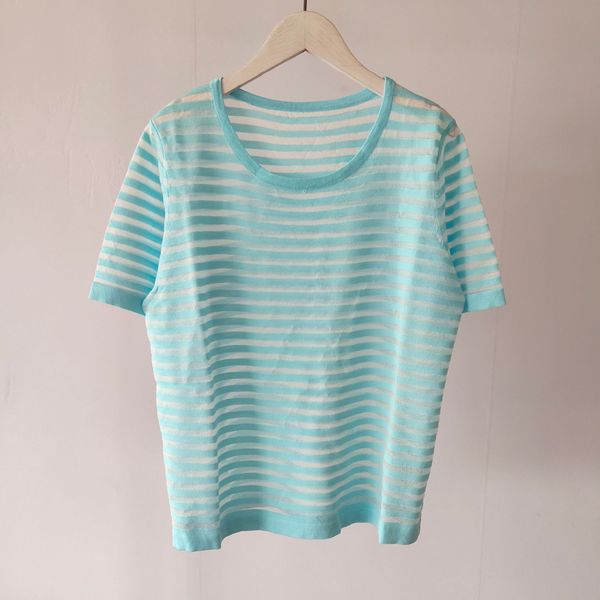 2020 spring crew neck new ice silk knitted & tees striped short-sleeved pullover sweater womens t shirts striped wholesale size s-l, White 
2020 spring crew neck new ice silk knitted & tees striped short-sleeved pullover sweater womens t shirts striped wholesale size s-l, White