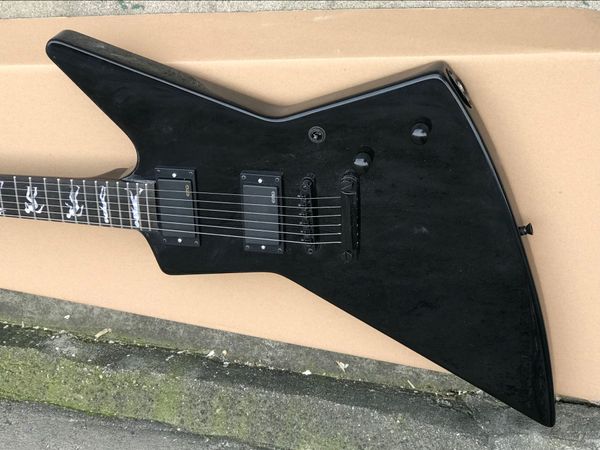 

heavy metal ironic james hetfield gloss black explorer electric guitar man to wolf inlay, emg active pickup & 9v battery box, black hardware