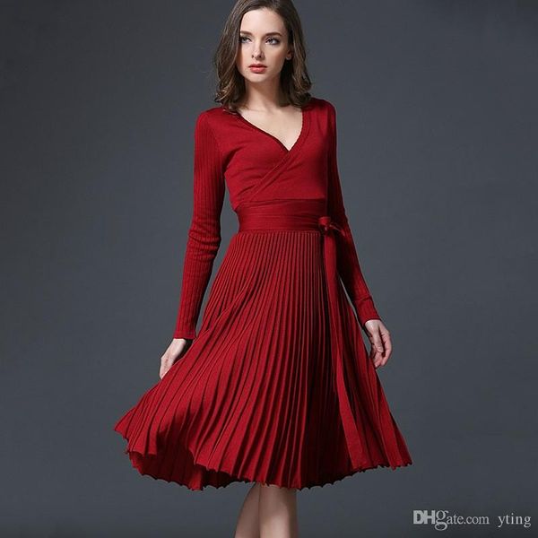 2017 spring autumn european style knit dress v neck pleated skirt with sashes 7 colors ing, Black;gray
2017 spring autumn european style knit dress v neck pleated skirt with sashes 7 colors ing, Black;gray