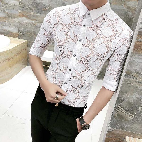 men's casual shirts summer men fashion hollow nightclub three quarter sleeve 2021 slim half camisas hombremens, White;black
men's casual shirts summer men fashion hollow nightclub three quarter sleeve 2021 slim half camisas hombremens, White;black