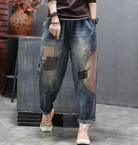 autumn jeans women loose retro elastic waist denim pants 2019 new ladies panelled pocket scratched button casual trousers, Blue
autumn jeans women loose retro elastic waist denim pants 2019 new ladies panelled pocket scratched button casual trousers, Blue